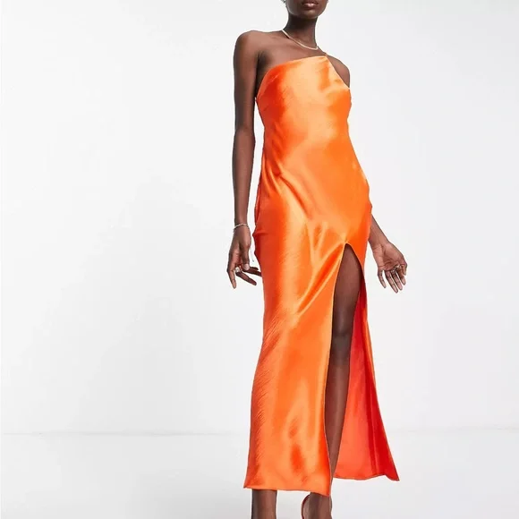 asos orange bridesmaid dress Rent Asos Design Satin One Shoulder Maxi Dress With Cut Out Elastic Band  Detail In Sunset Orange